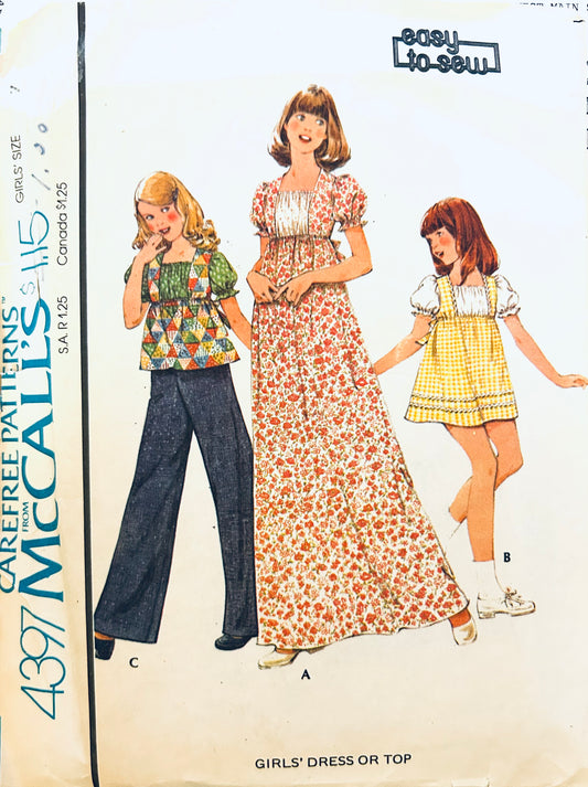 70s Girls Milkmaid Dress Maxi or Mini Length Gathered Bodice Smock Top McCalls 4397 Size 7