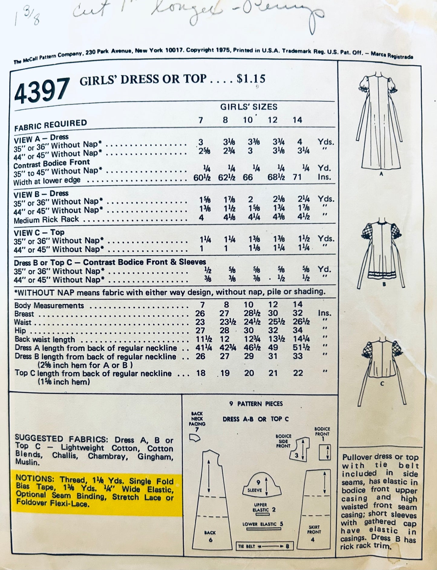 70s Girls Milkmaid Dress Maxi or Mini Length Gathered Bodice Smock Top McCalls 4397 Size 7
