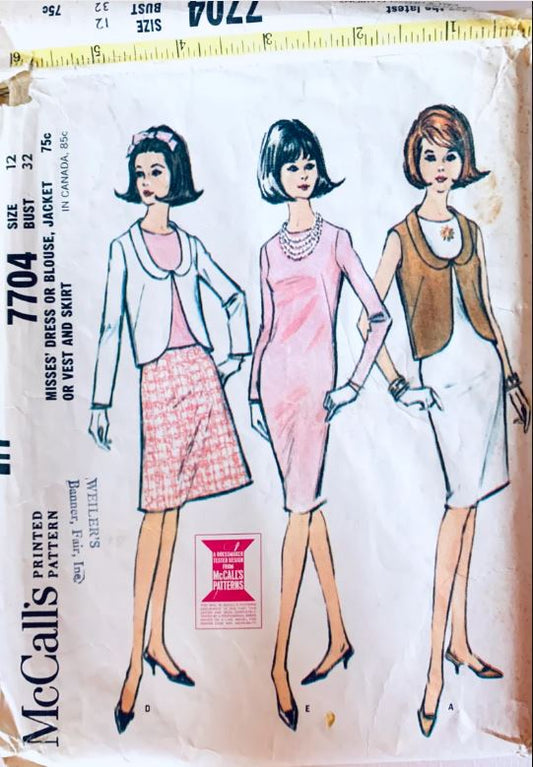 60s Straight Dress w/ Amazing Deep U Neckline Bolero Vest Jacket A Line Skirt Sleeveless Shell Top Vintage Sewing Pattern McCalls 7704 B32