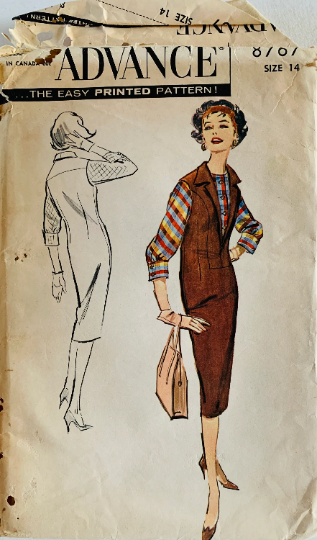 50s Sack Dress Chemise Jumper Dresses & Button Front Blouse Vintage Sewing Pattern Advance 8767 B34