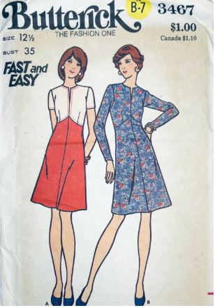 60s A Line Dress w/ Long or Short Sleeves Slit Neckline Geometric Seams Easy Half Size Vintage Sewing Pattern Butterick 3457 B35