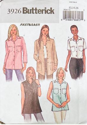 00s Womens Casual Button Front Work Shirt Sleeveless or Long Sleeves Vintage Sewing Pattern Butterick 3926 12 14 16