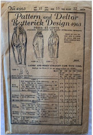 1920s Opera Coat Cocoon Coats Outerwear Art Deco Era Vintage Sewing Pattern Butterick 4963 B32