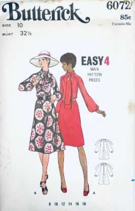 70s A Line Loose Dress w/ Pussy Bow & Bishop Sleeves Easy Petite Vintage Sewing Pattern Butterick 6072 B32