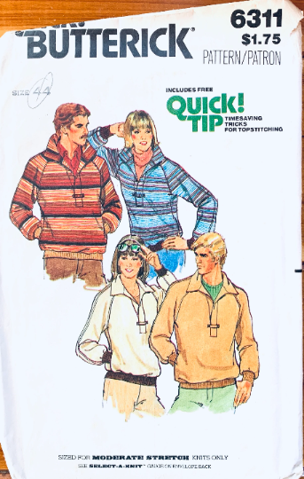 Mens Pullover Sweatshirt Sweat Shirt w/ Pockets Vintage Sewing Pattern Butterick 6311 44