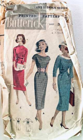 50s Fitted Wiggle Dress w/ Cummerbund Waist Sleeve & Neckline Options Bateau Sheath Dress Vintage Sewing Pattern 8227 B34