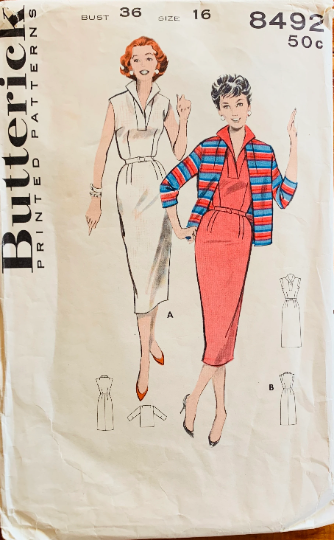 50s Sleeveless Sheath Dress w/ Cardigan Jacket Sewing Pattern Butterick 8492 B36