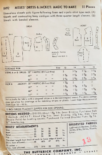 50s Sleeveless Sheath Dress w/ Cardigan Jacket Sewing Pattern Butterick 8492 B36