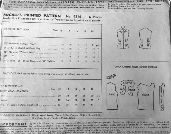 50s Pretty Tailored Button Front Sleeveless Top Blouse Pattern Petite Vintage Sewing Pattern McCalls 9316 B32
