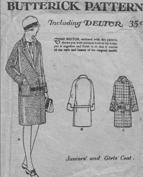 Antique Vintage 1920s Flapper Era Girls Drop Waist Notched Collar Coat Sewing Pattern Butterick 1291 Size 6