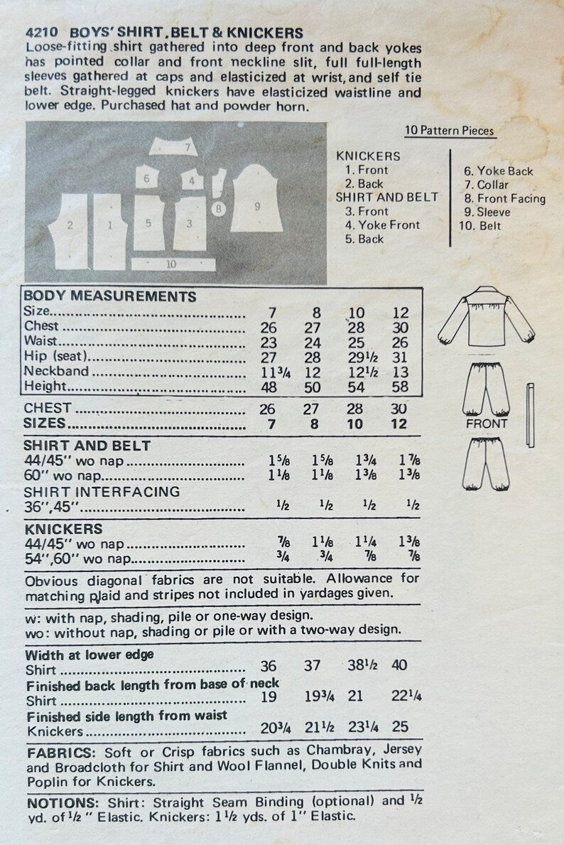 70s Boys Frontiersman Shirt Pattern Leather Knickers Frontier Costume Pants Pioneer Reenactor Bicentennial Vintage Sewing Pattern Butterick 4210 10