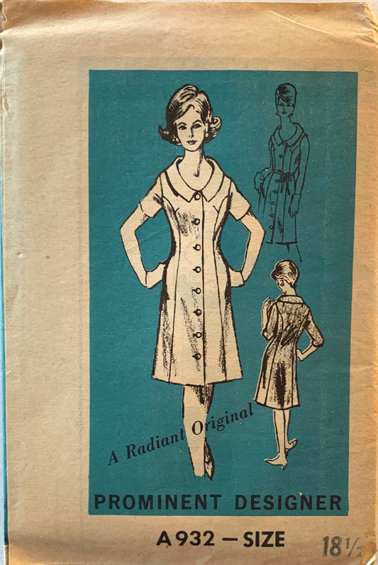 70s Princess Seam Dress Button Front Short Three Quarter Sleeves Half Size Plus Size Vintage Prominent Designer Sewing Pattern Prominent Designer Radiant A932 B39