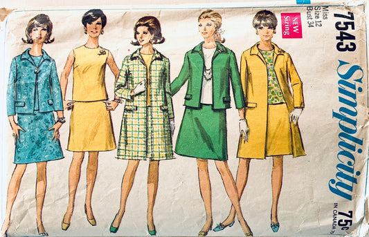 60s Spring Coat A Line Skirt Sleeveless Overblouse & Jacket Vintage Sewing Pattern Simplicity 7543 B34
