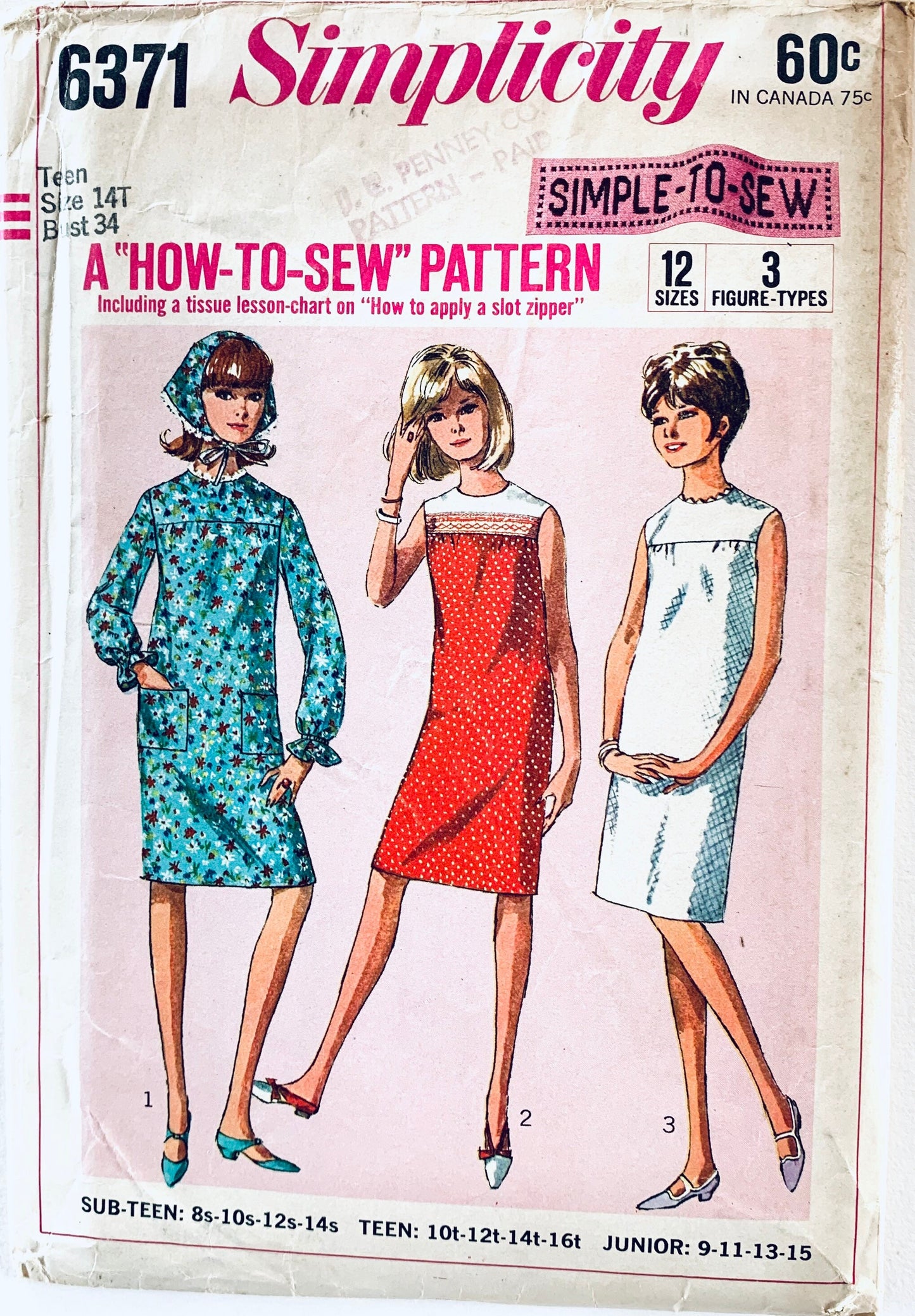 60s Yoked Straight Knee Length Dress w/ Long Sleeves or Sleeveless & Scarf Easy Learn to Sew Vintage Sewing Pattern Simplicity 6371 B34