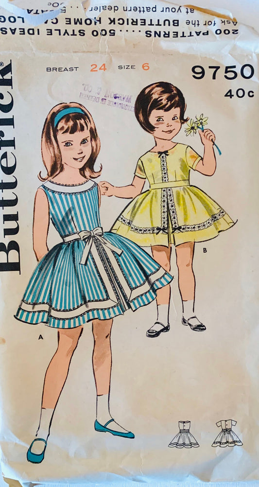 60s Girls Fit N Flare Sleeveless Party Sun Dress w/ Overskirt Vintage Sewing Pattern Butterick 9750 Size 6