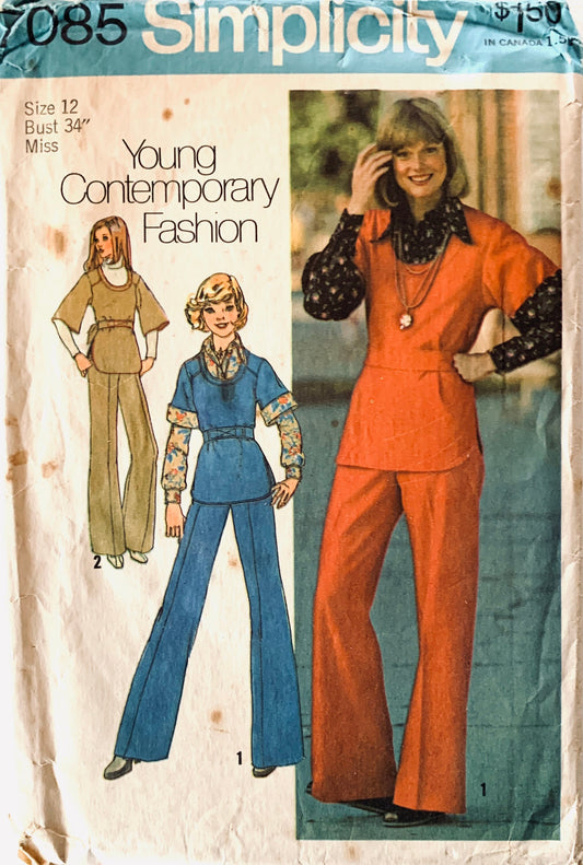 70s Pantsuit Tunic Top Pant Suit Flared Pants Womens Suit Vintage Sewing Pattern Simplicity 7085 B34