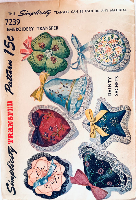 40s Embroidery Transfer Dainty Sachets Accessories Christmas Ornaments Four Leaf Clover Bells Stars Flowers Unused Vintage Simplicity 7239