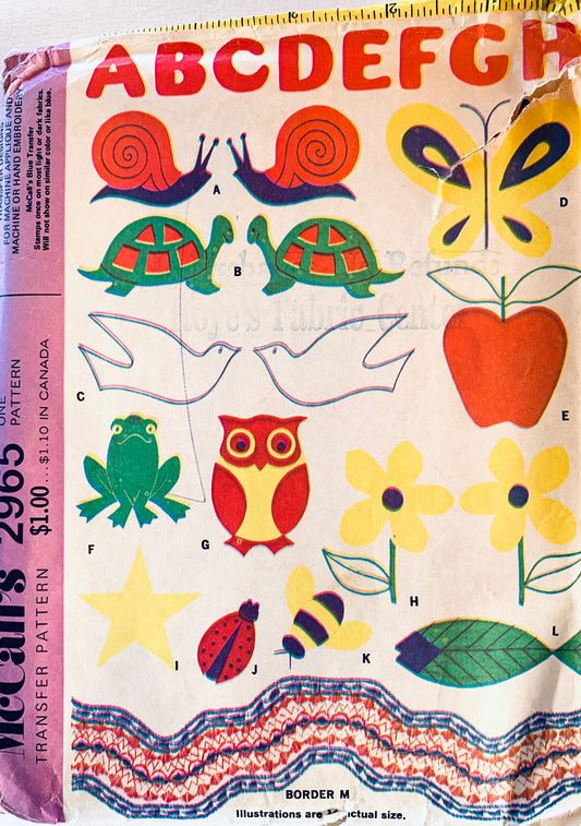 70s Animal Motifs Turtle Frog Snail Bugs Doves Owl Bumblebees Lady Bugs Bees Fish Vintage Applique or Embroidery Transfer Alphabet 2965