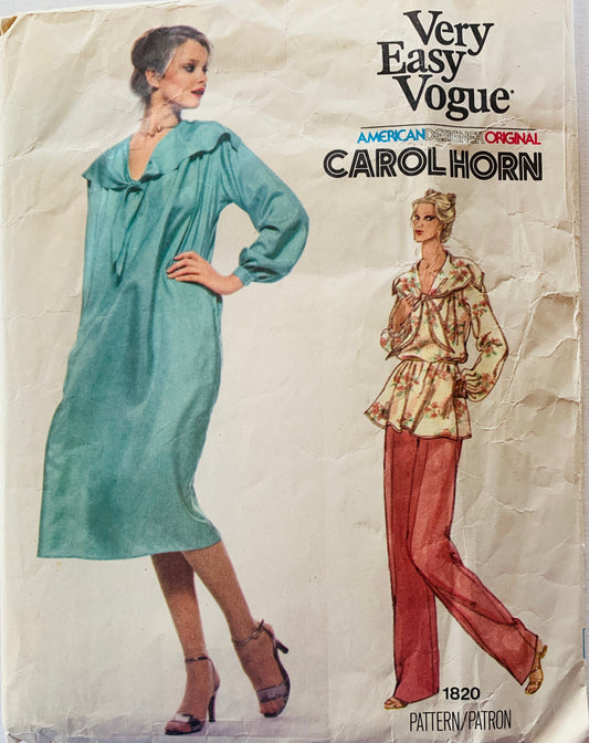 70s Designer Carol Horn Smock Dress Loose Blouson Top Petite Easy Vintage Sewing Pattern Vogue 1820 B32
