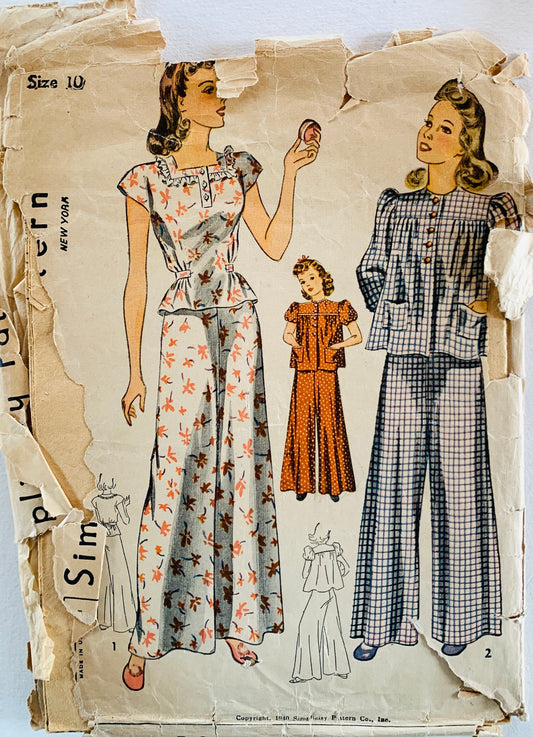 30s Girls Pajamas 2 Piece Pajama Set Sleepwear Loungwear Vintage Sewing Pattern Simplicity 3322 Size 10