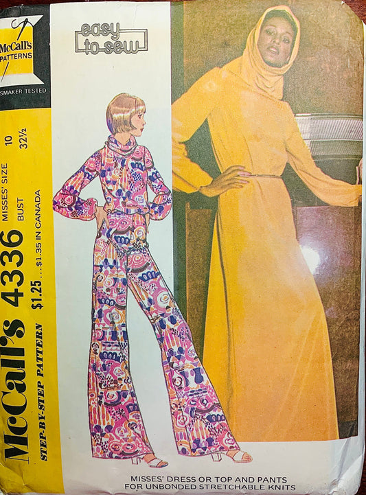 70s Cowl Neck Caftan Dress Blouse & Pants w/ Hood Knit Fabric Petite Vintage Sewing Pattern McCalls 4336 B32