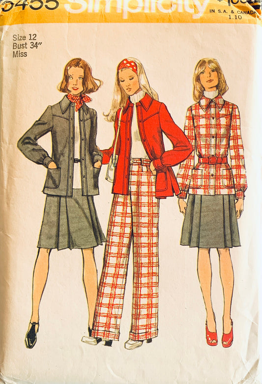 70s Stovepipe Pants Pleated Skirt Jacket Pant Suit Pantsuit Vintage Sewing Pattern Simplicity 5455 B34