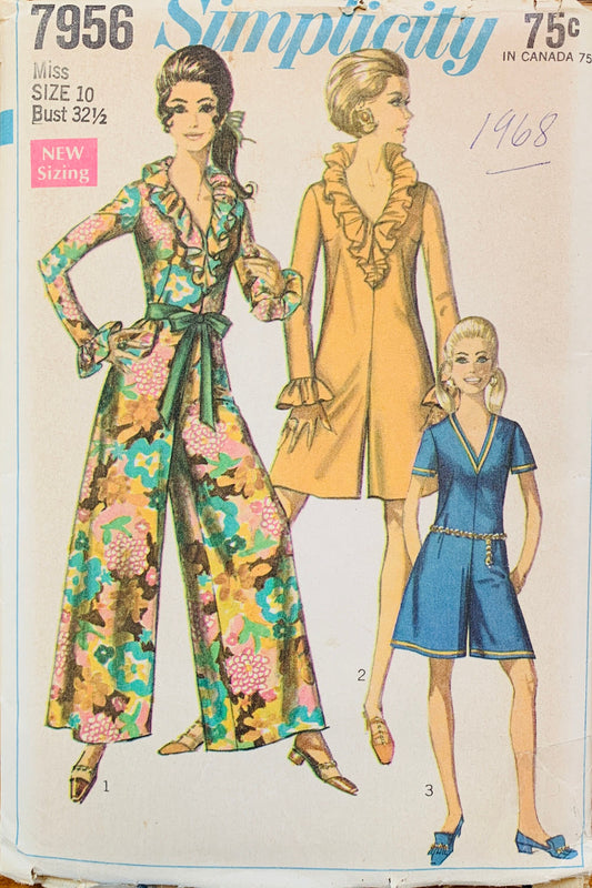 60s Ruffled V Neck Jumpsuit Short Pantdress Culottes Pant Dress Vintage Petite Sewing Pattern Simplicity 7956 B32