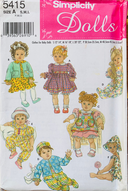 Doll Wardrobe in 3 sizes Rompers Dresses Cute Dolls Clothing Sewing Pattern Simplicity 5415 14-22" Dolls