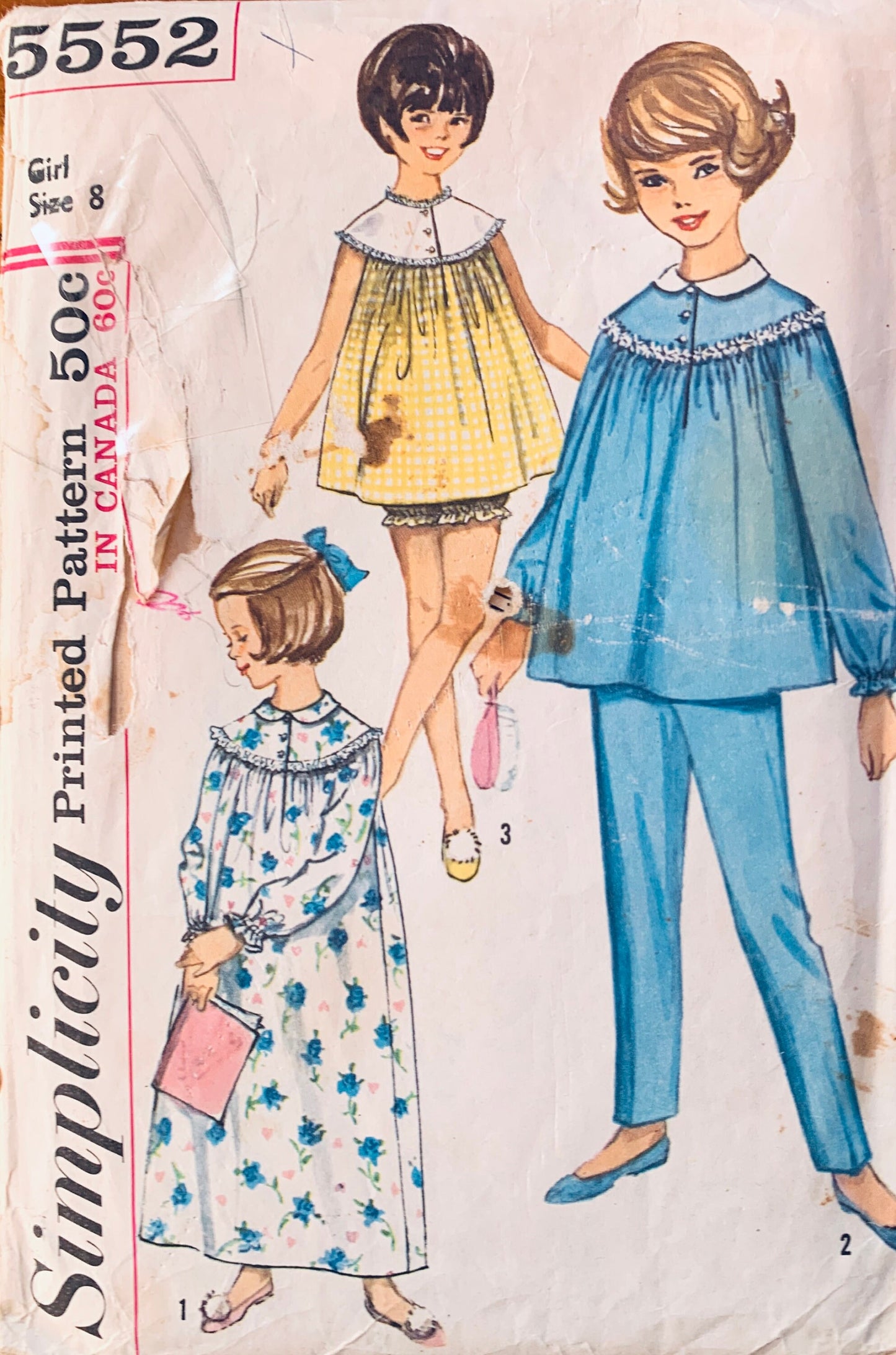 60s Girls Pajamas 2 Piece Pajama Set Winter PJs Sleepwear Vintage Sewing Pattern Simplicity 5552 Size 8