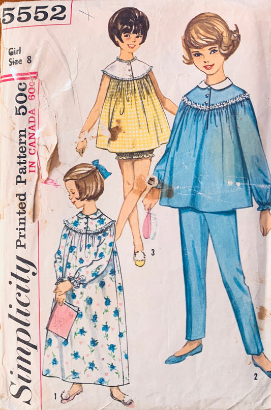 60s Girls Pajamas 2 Piece Pajama Set Winter PJs Sleepwear Vintage Sewing Pattern Simplicity 5552 Size 8