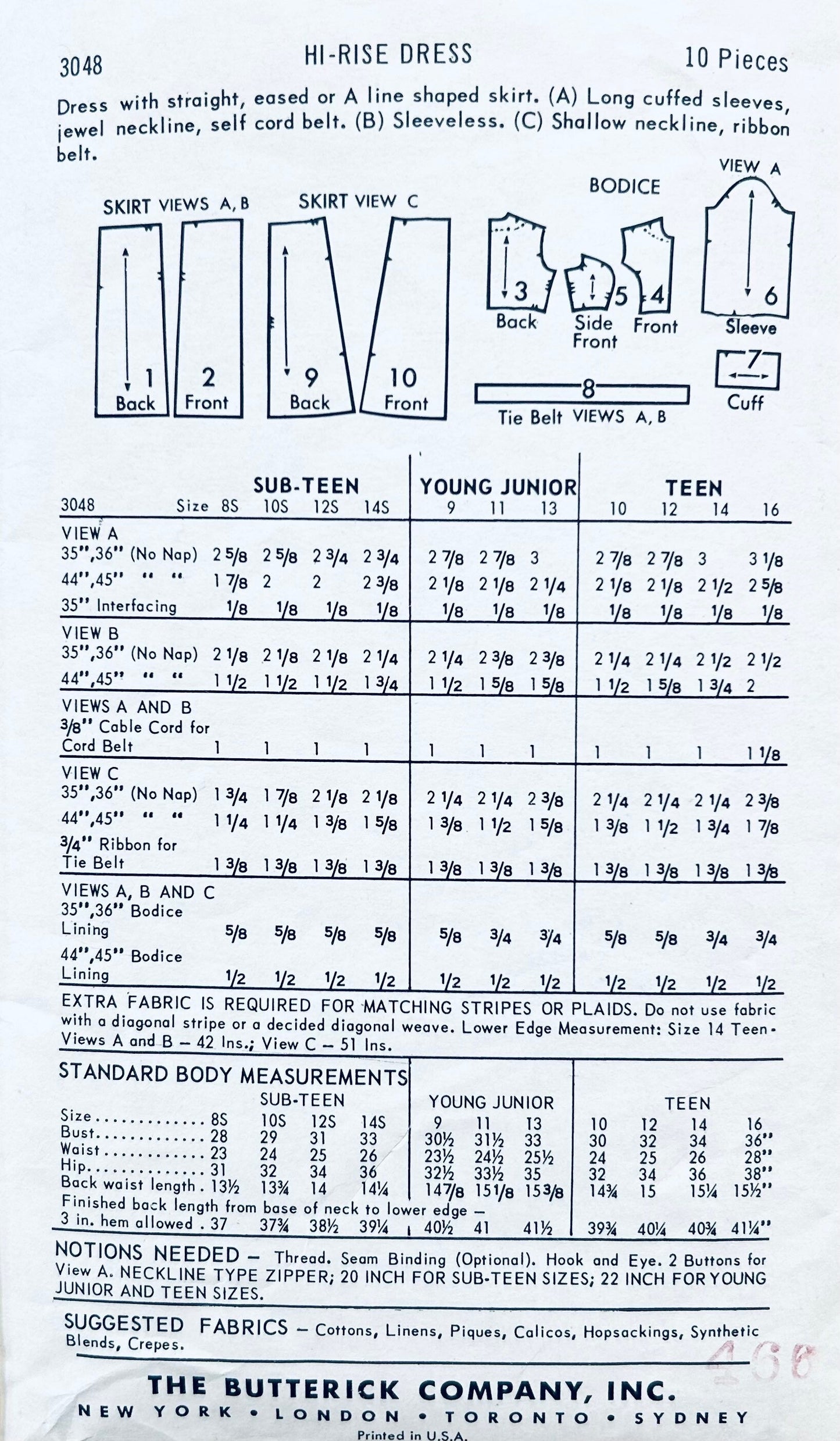 60s Empire Waist Dress w/ Sleeve Options or Sleeveless Teens Vintage Petite Sewing Pattern Butterick 3048 B32