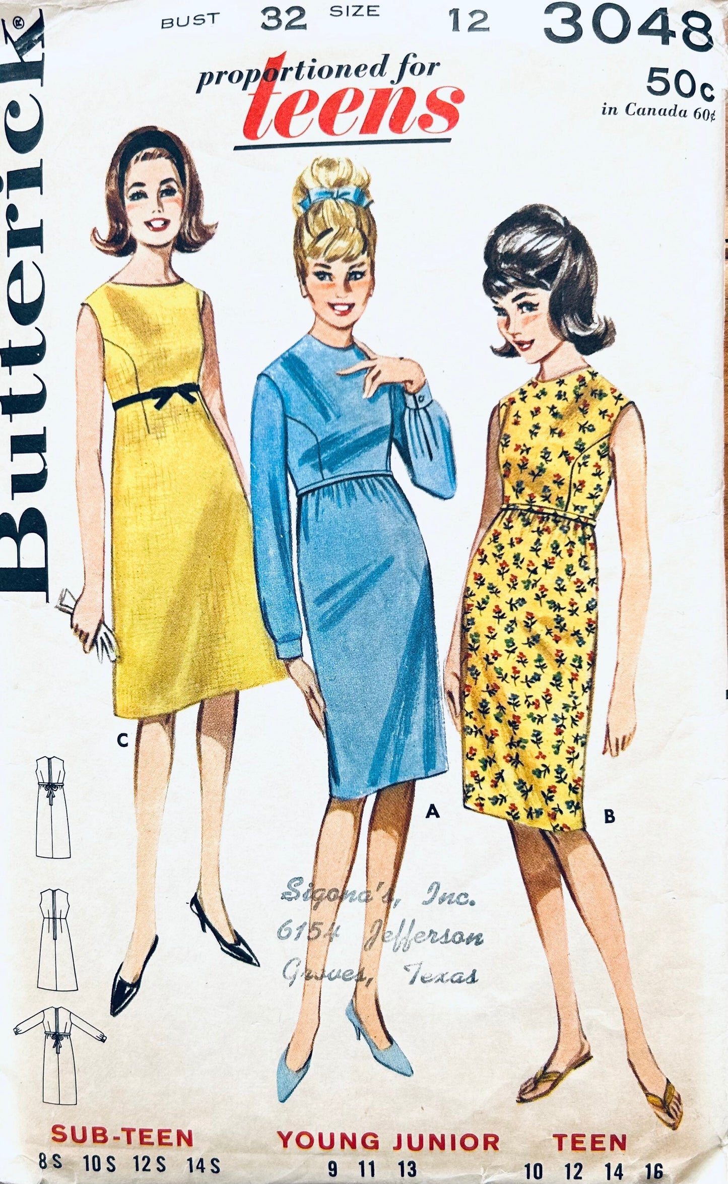 60s Empire Waist Dress w/ Sleeve Options or Sleeveless Teens Vintage Petite Sewing Pattern Butterick 3048 B32