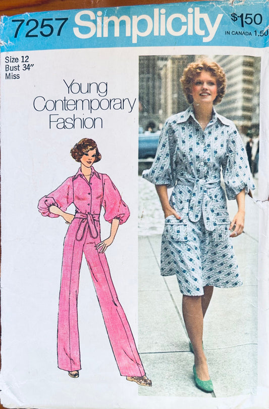 70s Wide Straight Leg Pants Billowing Sleeve Top & Skirt Vintage Sewing Pattern Simplicity 7257 B34