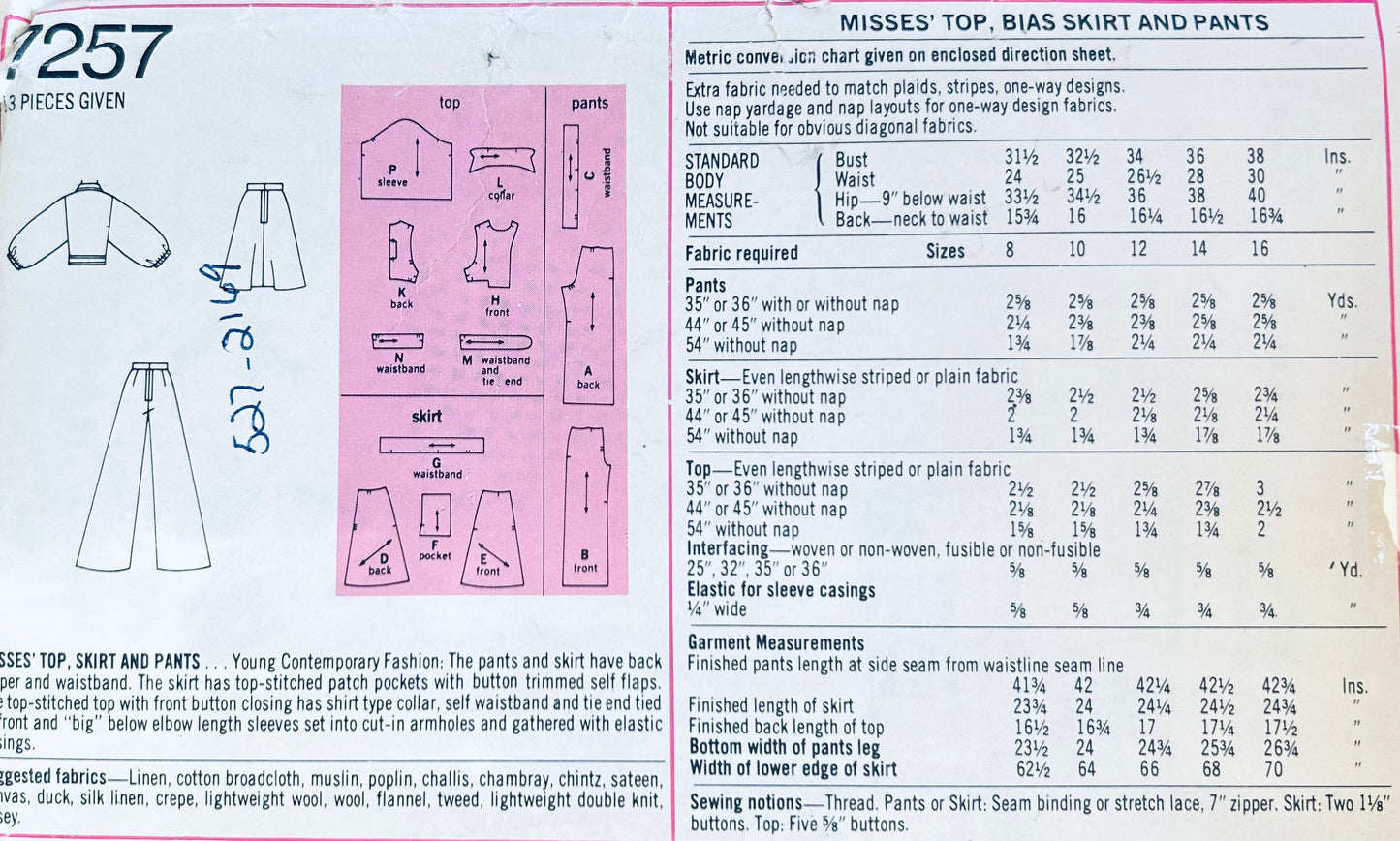 70s Wide Straight Leg Pants Billowing Sleeve Top & Skirt Vintage Sewing Pattern Simplicity 7257 B34