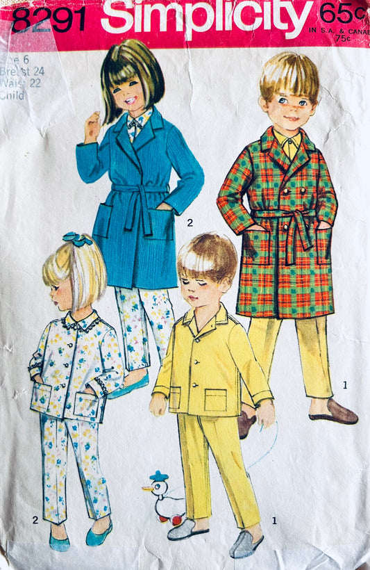 Kids Pajama Set Two Piece Pajamas & Bathrobe Boys Girls Vintage Sewing Pattern Simplicity 8091 Size 6