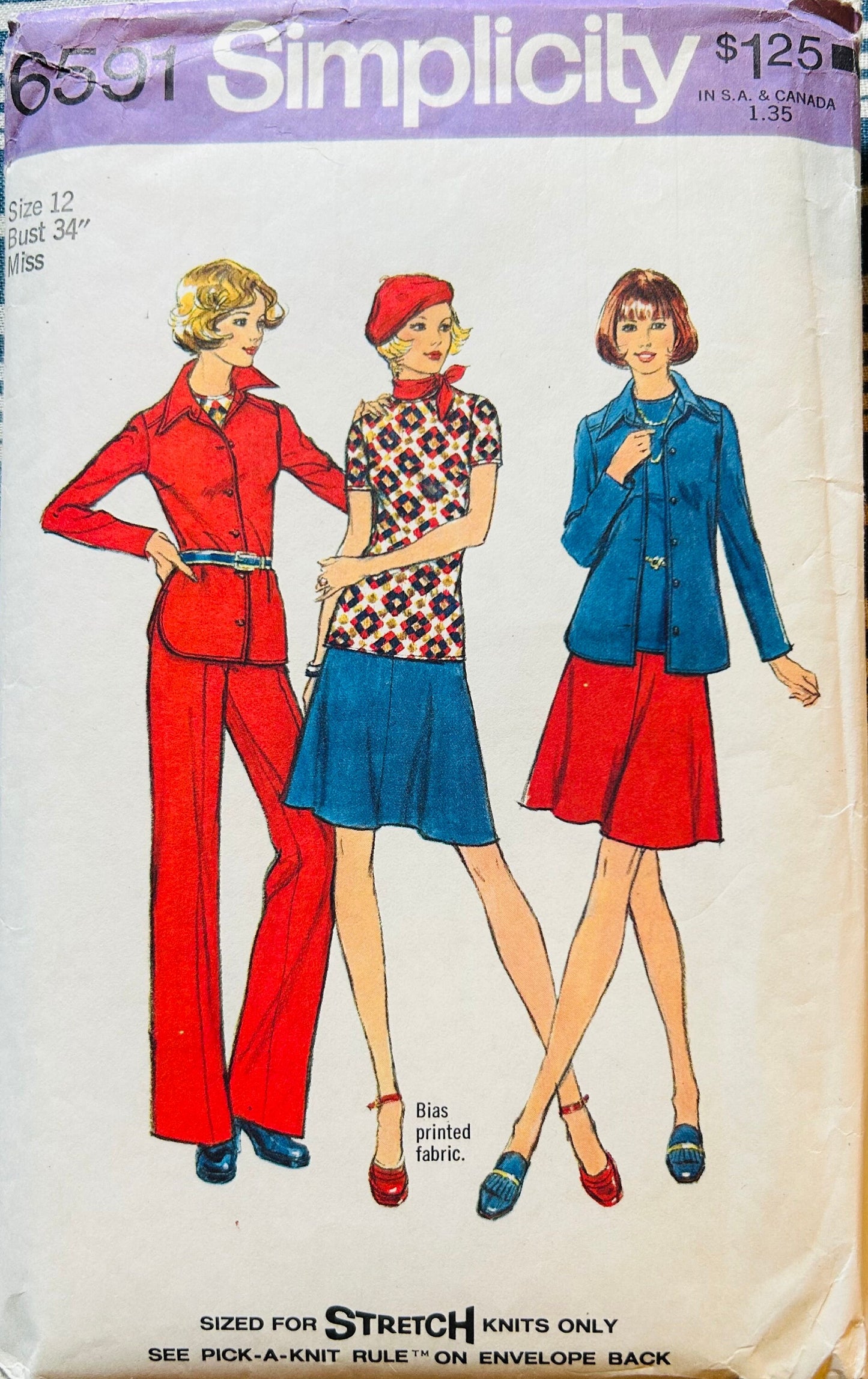 70s Pantsuit Set Tunic Button Up Top Blouse Flared Skirt Pant Suit Straight Leg Pants Vintage Sewing Pattern Simplicity 6591 B34