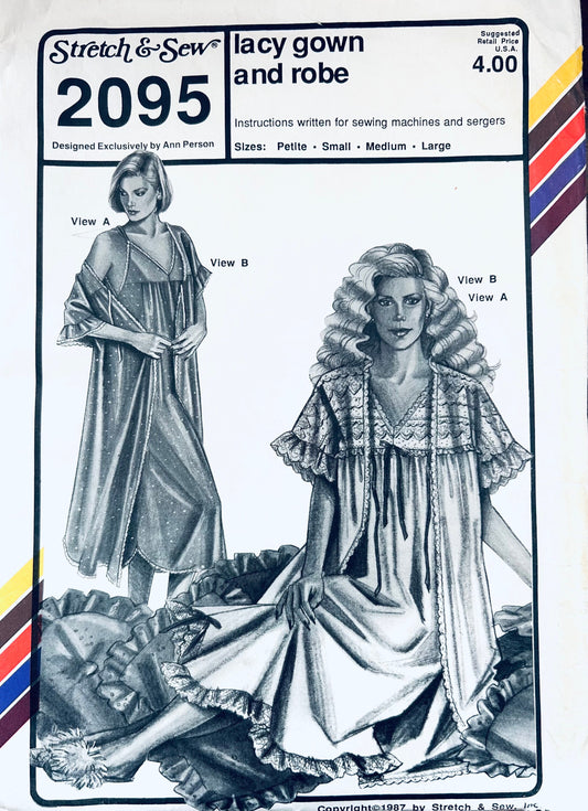 80s Misses Bridal Lingerie Nightgown & Robe Peignoir Set Vintage Petite Sewing Pattern Stretch & Sew 2095 B30-31