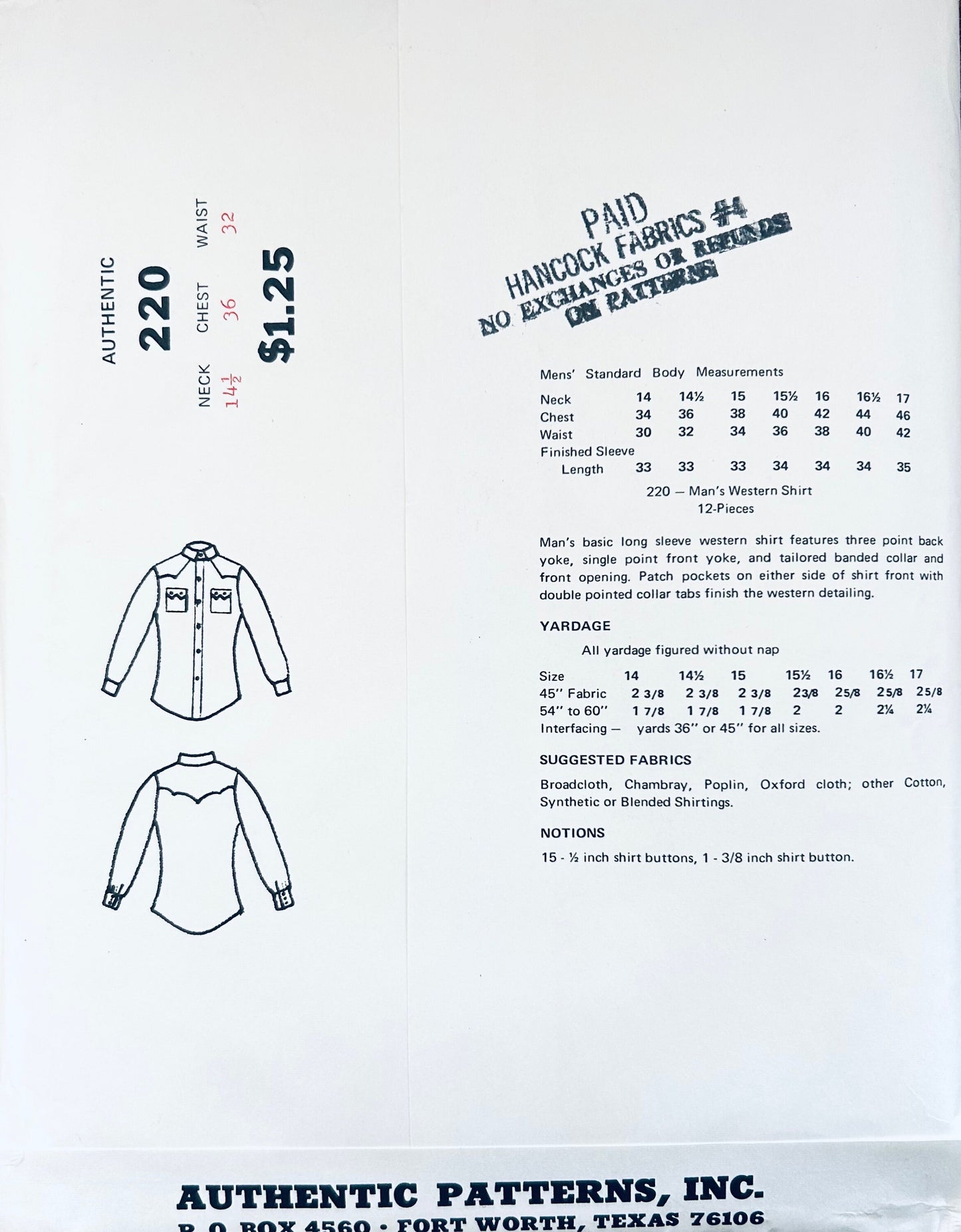 Men's Western Yoked Cowboy Shirt Rodeowear Rodeo Shirts Southwestern Vintage Sewing Pattern Authentic 220 36