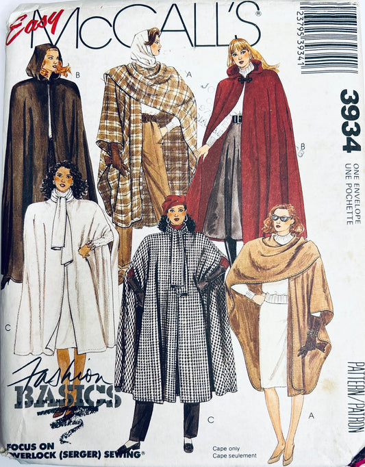 80s Hooded Cape in 2 Lengths Cloak w/ Hood Sewing Pattern McCalls 3934