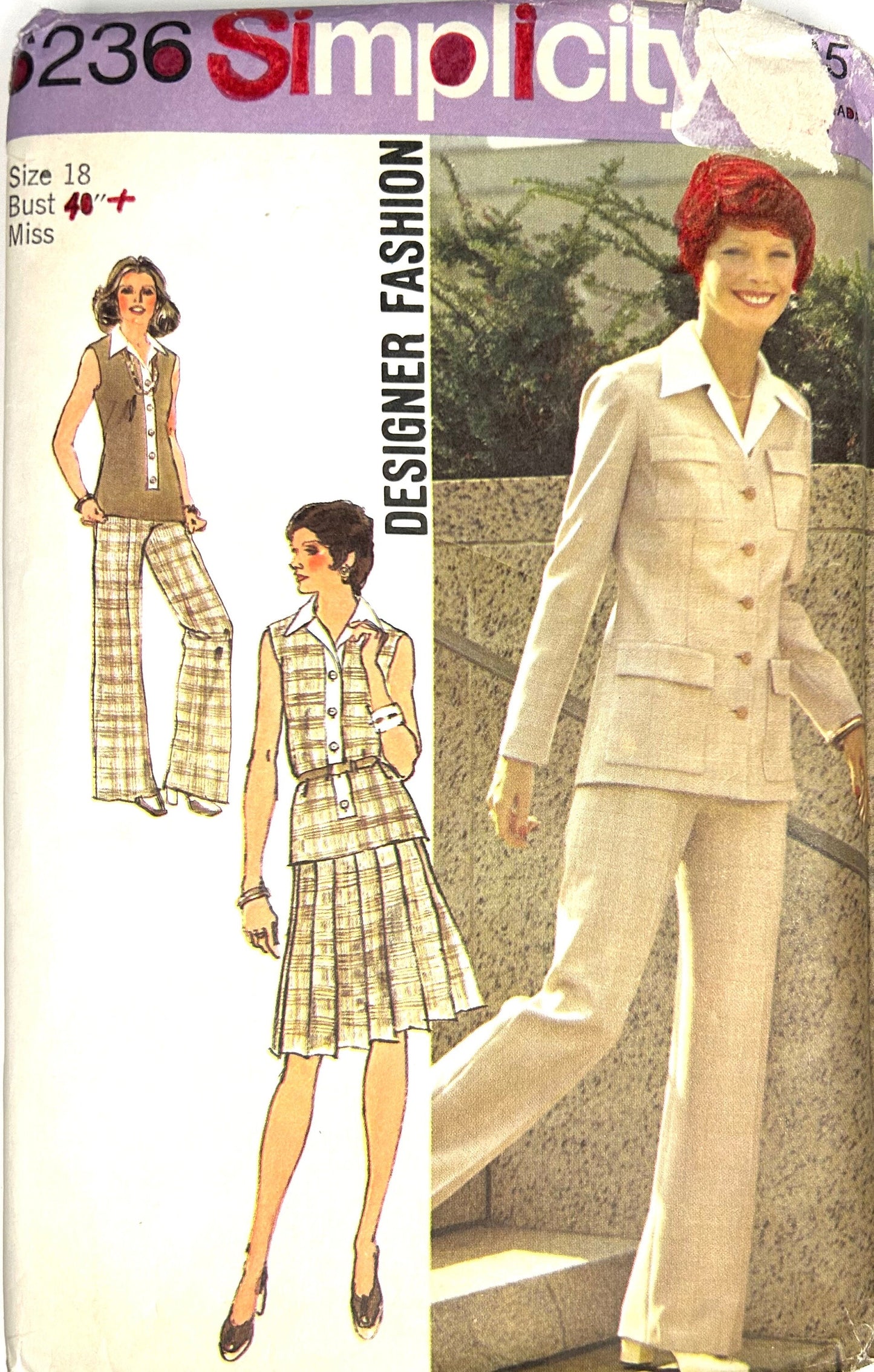 70s Womens Pantsuit Pant Suit w/ Fitted Jacket Long Cardigan Vest Sleeveless Top Pleated Skirt & Flared Pants Vintage Plus Size Sewing Pattern Simplicity 6236 B40