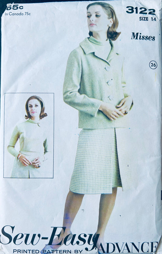 60s Womens Suit Two Piece Dress w/ Boxy Jacket & Pleated Skirt Vintage Sewing Pattern Advance 3122 B34