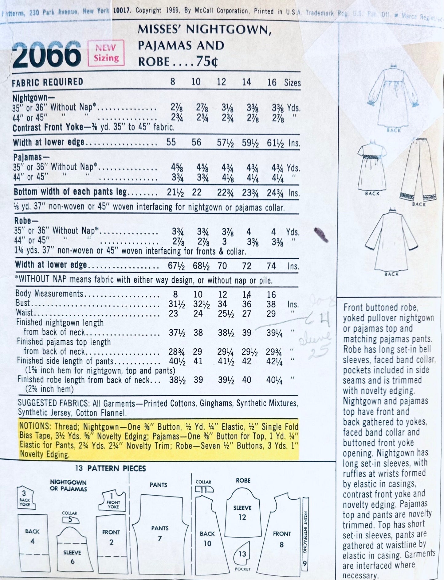 60s 2 Piece Pajama Set Nightgown & Robe Pajama Pants Bathrobe Vintage Sewing Pattern McCalls 2066 B36