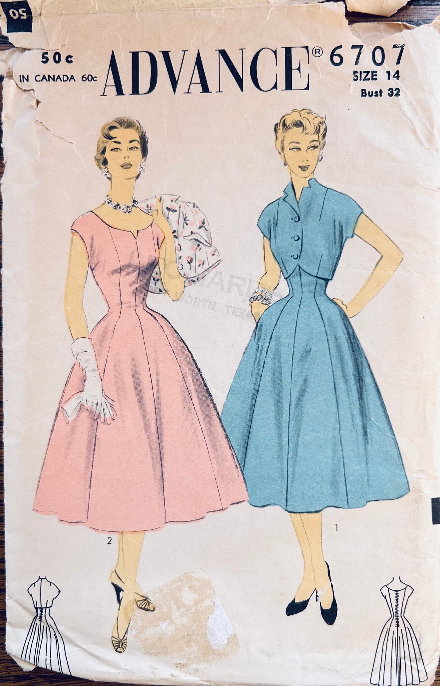 50s Fit N Flare Notched Neckline Dress w/ Princess Seams Gored Skirt & Cropped Bolero Jacket Vintage Petite Sewing Pattern Advance 6707 B32