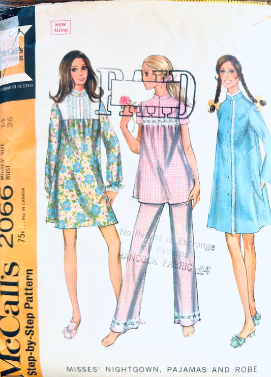 60s 2 Piece Pajama Set Nightgown & Robe Pajama Pants Bathrobe Vintage Sewing Pattern McCalls 2066 B36