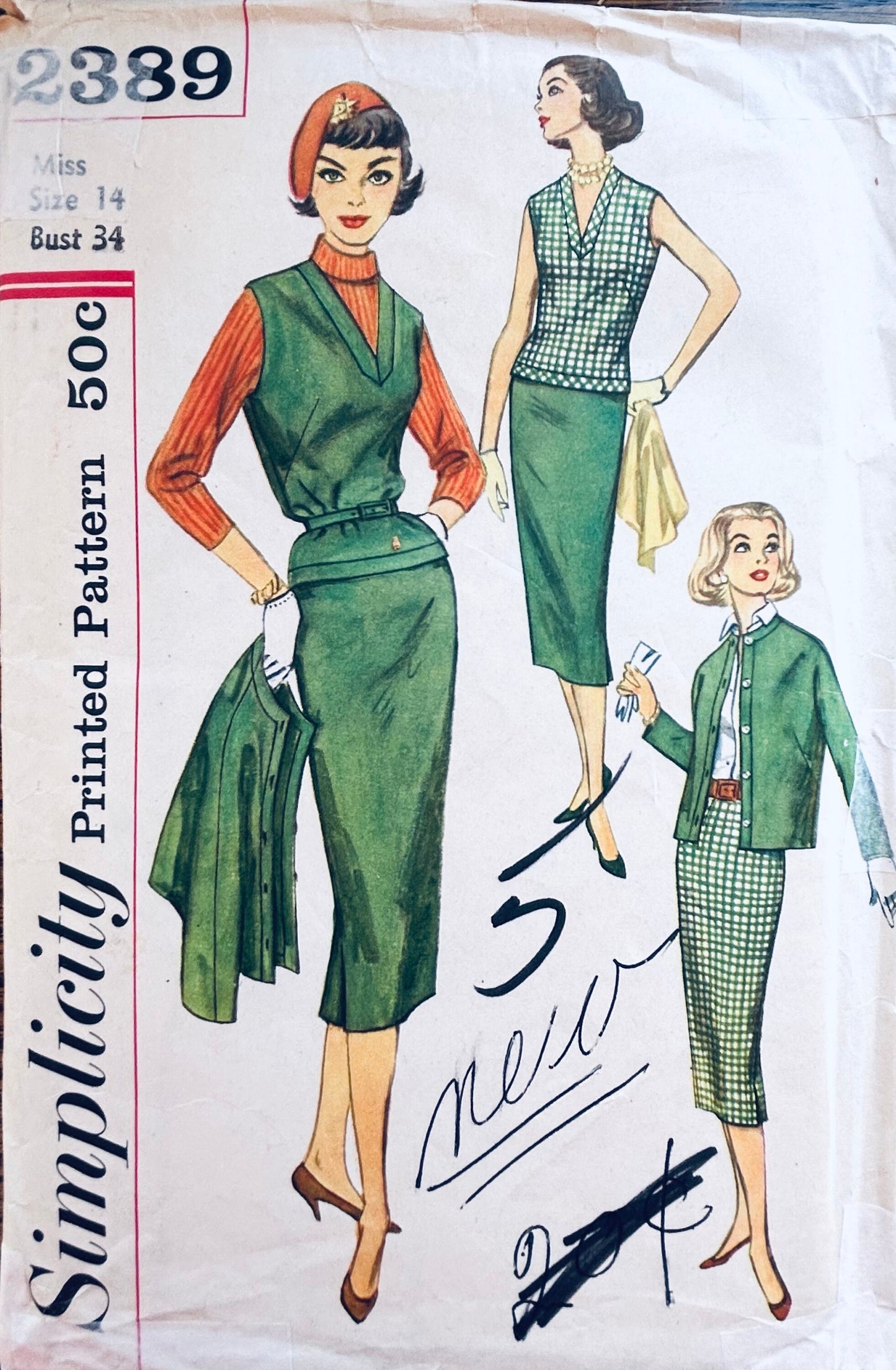 50s Fitted Womens Suit Pencil Skirt V Neck Overblouse Sleeveless Top Cardigan Jacket Vintage Sewing Pattern Simplicity 2389 B34