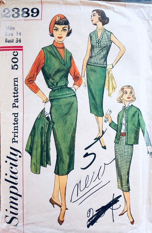 50s Fitted Womens Suit Pencil Skirt V Neck Overblouse Sleeveless Top Cardigan Jacket Vintage Sewing Pattern Simplicity 2389 B34