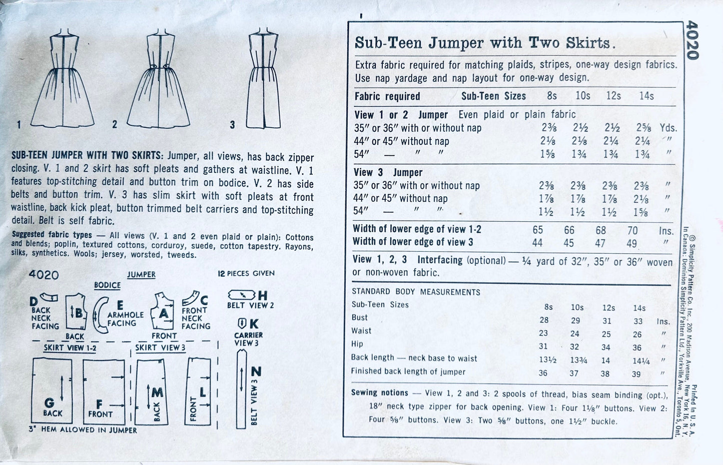 60s Fit N Flare Sleeveless Jumper Dress w/ 2 Skirts Juniors Vintage Sewing Pattern Simplicity 4020 B33