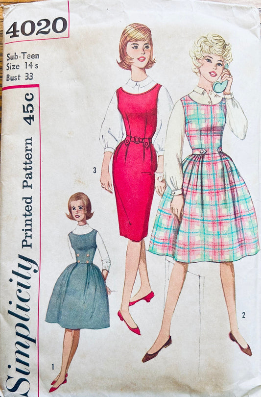 60s Fit N Flare Sleeveless Jumper Dress w/ 2 Skirts Juniors Vintage Sewing Pattern Simplicity 4020 B33