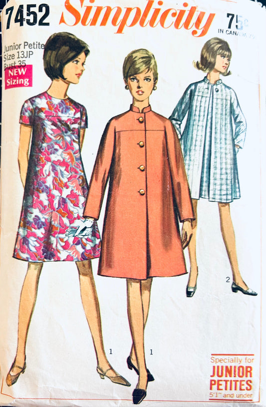 60s Womens A Line Shift Dress & Matching Spring Coat Vintage Junior Petite Sewing Pattern Simplicity 7452 B35