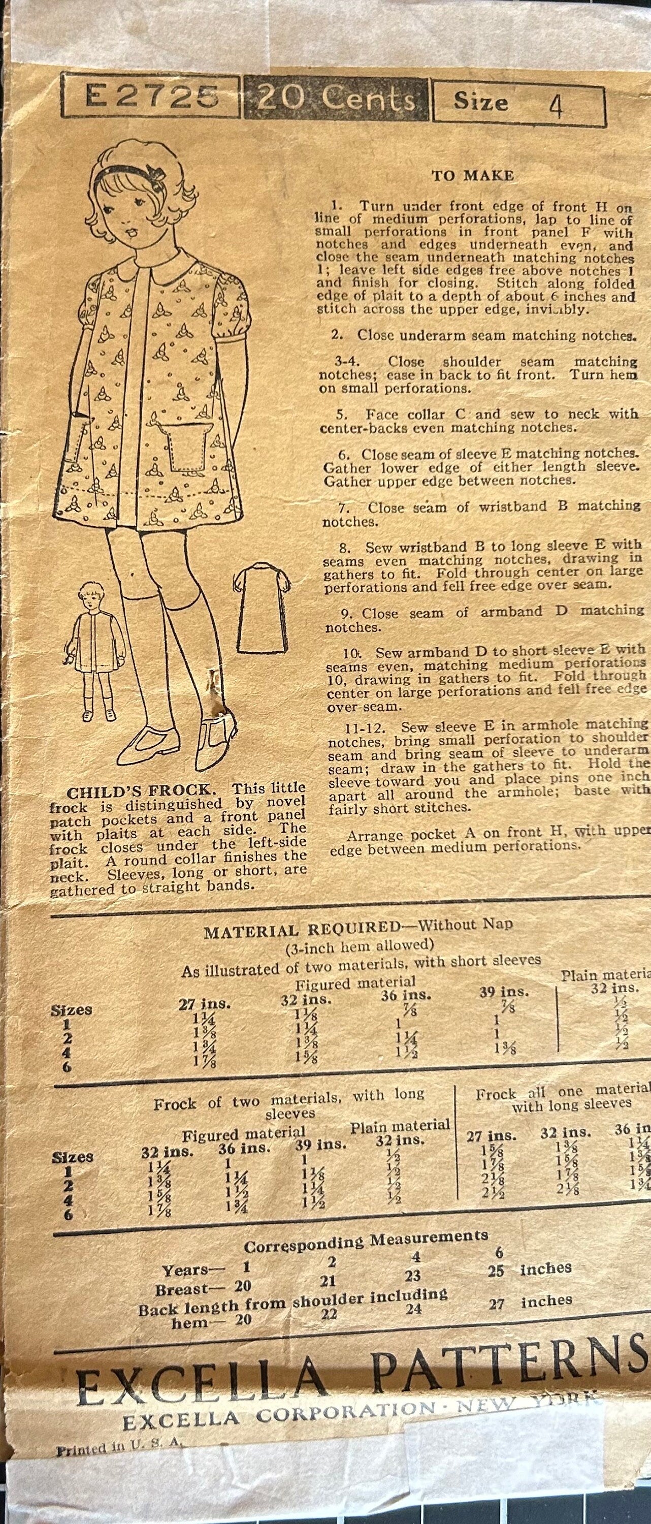 1920s Toddler Girls Pleated Long or Short Sleeve Dress Antique Sewing Pattern Excella E2725 Size 4